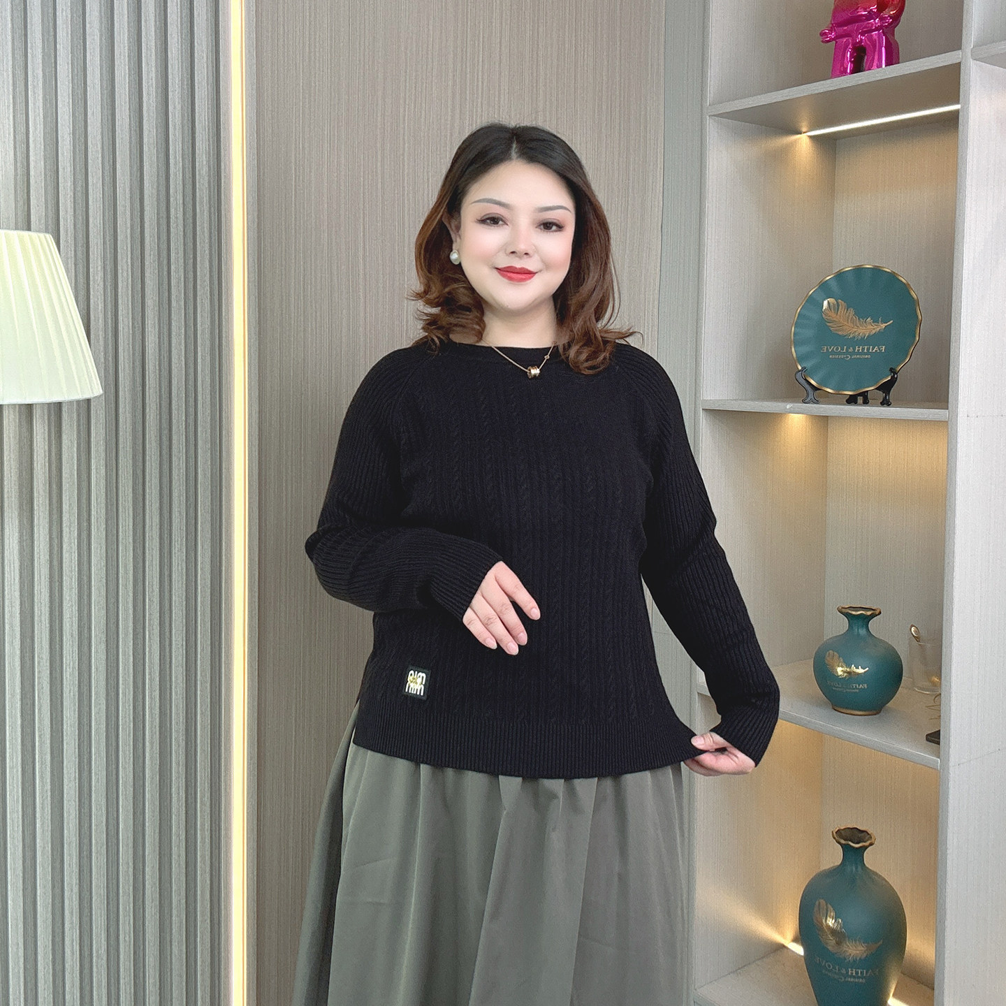 胖mm宽松遮肉显瘦圆领提花针织衫上衣女秋冬大码减龄长袖内搭毛衣,淘宝优惠券,粉丝福利购,淘宝优惠卷