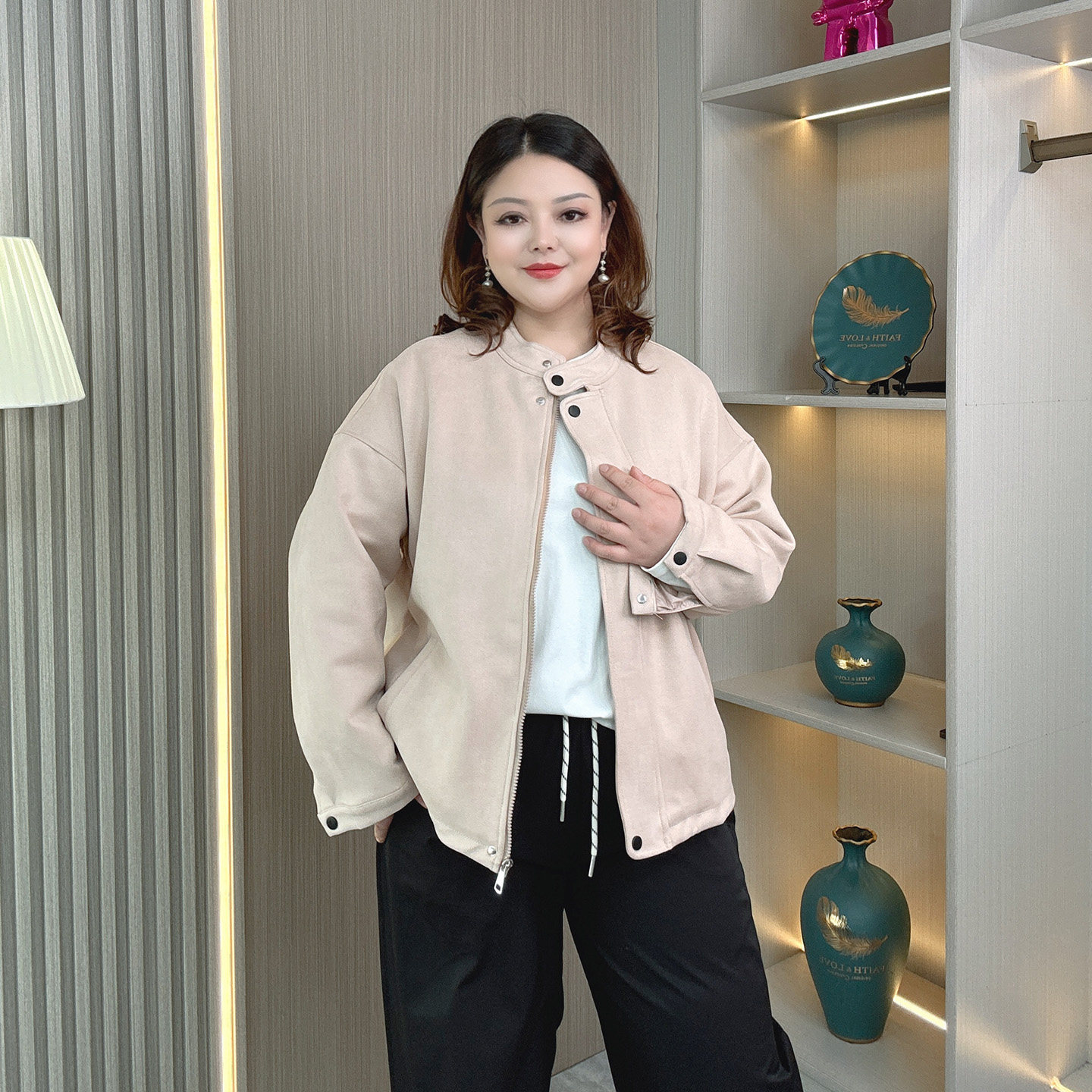 大码女装胖mm麑皮绒短外套女士秋季新款美式复古宽松时尚夹克上衣,淘宝优惠券,粉丝福利购,淘宝优惠卷