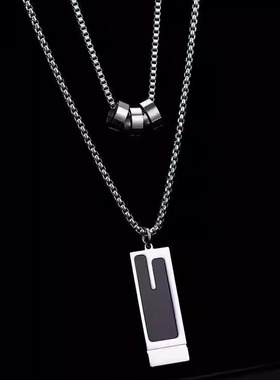 新款几何长吊坠项链双层叠戴方牌吊坠项链秋冬毛衣链项链秋冬配饰