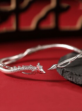 开口龙形手镯女高级感银色小众古法灵龙国风国潮饰品中式首饰镯子