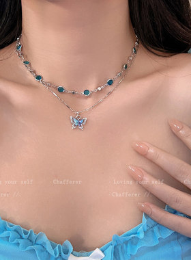 「蓝蝶之恋」蓝色蝴蝶项链女款2026新款爆款双层叠戴锁骨链配饰