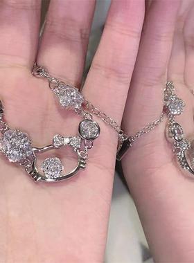 「甜酷猫咪」甜美少女猫头闪钻花朵水钻简约个性可爱手链女