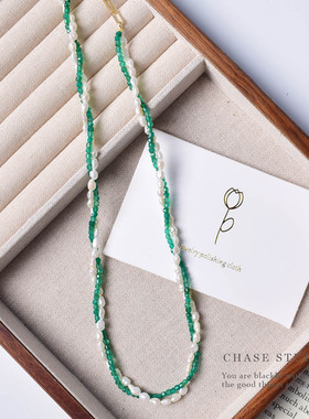 天然绿玛瑙+珍珠双层麻花锁骨链