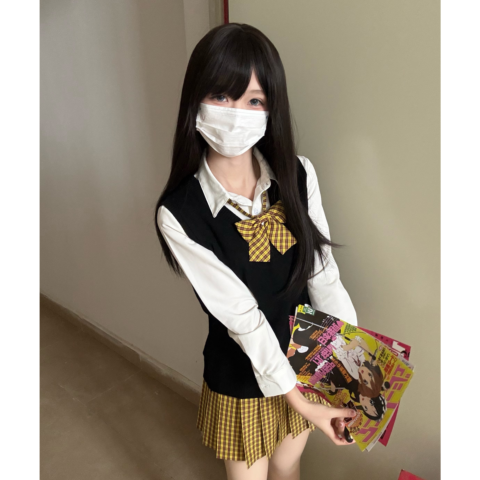 妙氏原创JK制服背心马甲格裙套装甜美收腰老头衫针织无袖毛衣秋 - 图0