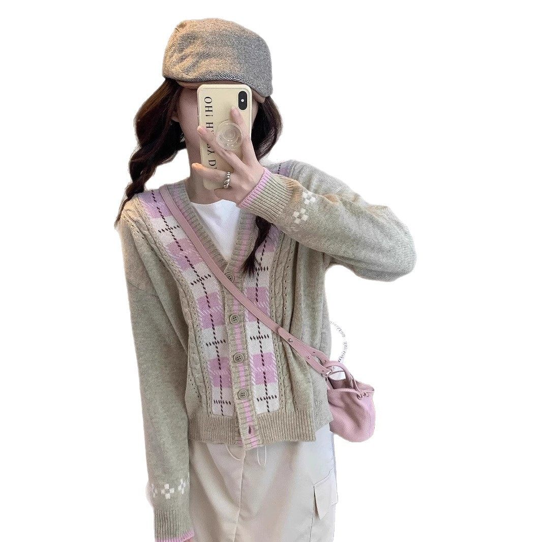 新款 来西V领外搭休闲长袖针织衫外套上衣氛围感V领复古女毛衣,淘宝优惠券,粉丝福利购,淘宝优惠卷