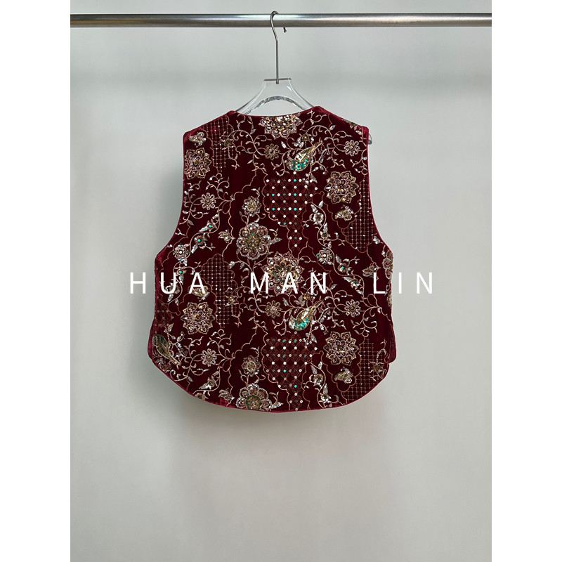 【花满林】圆领重工刺绣钉珠丝绒真丝桑蚕丝马夹259900 - 图0