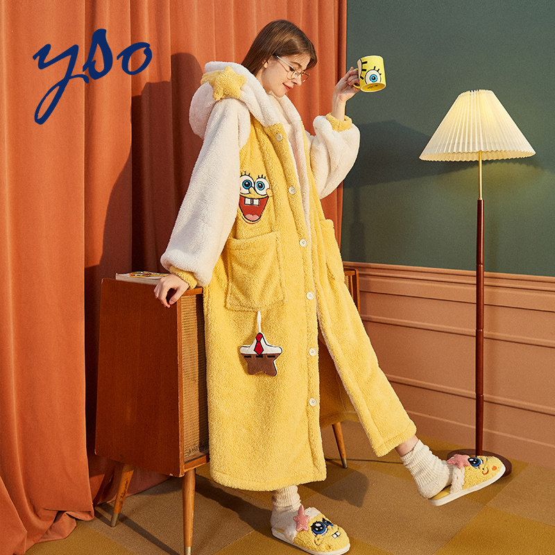 海绵宝宝秋冬季珊瑚绒冬长款睡袍 yso睡袍/浴袍