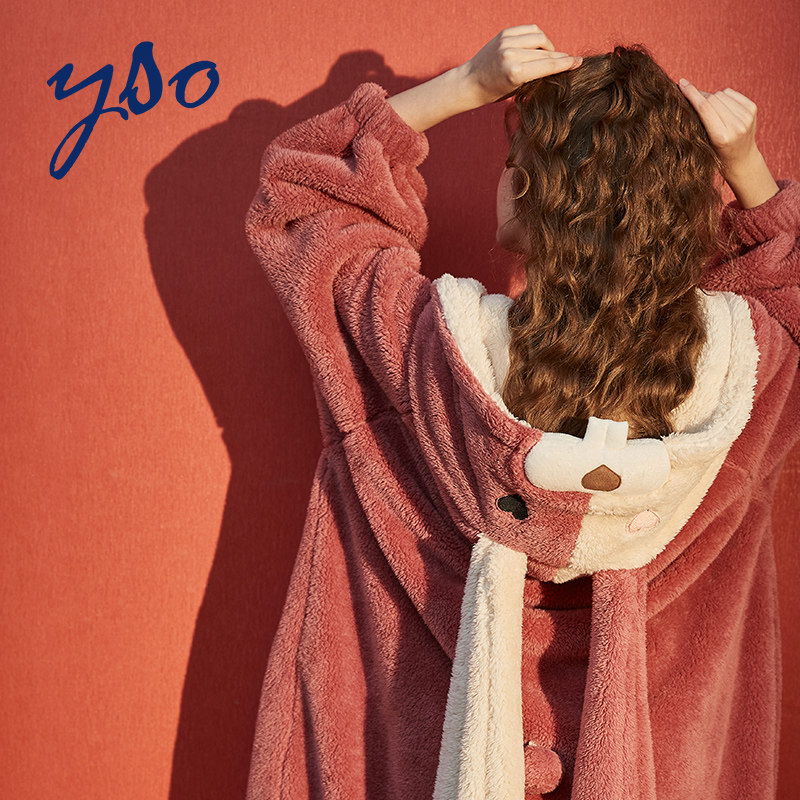 yso秋冬季珊瑚绒可爱长耳兔女睡袍 yso睡袍/浴袍