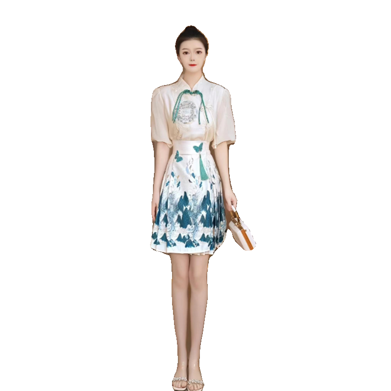 国内设计师品牌薄荷曼波刺绣斜扣上衣女夏季国风山海织金马面裙