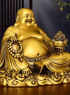 全黄铜弥勒佛像摆件大肚佛坐莲笑佛家用客厅装饰供奉铜像家居饰品