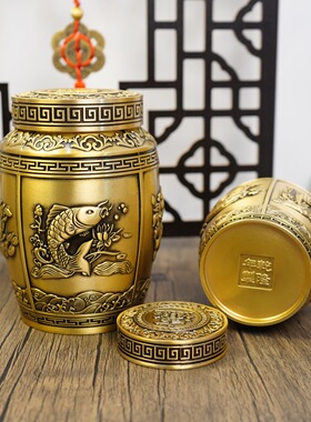 纯黄铜招财进宝茶叶罐聚宝盆米缸办公室桌面小摆件茶桌书房装饰品