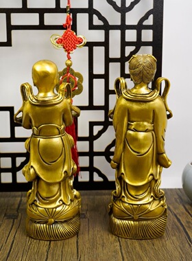 纯黄铜招童男童女黄铜金童玉女站像一套招财善财金铜像工艺品摆件
