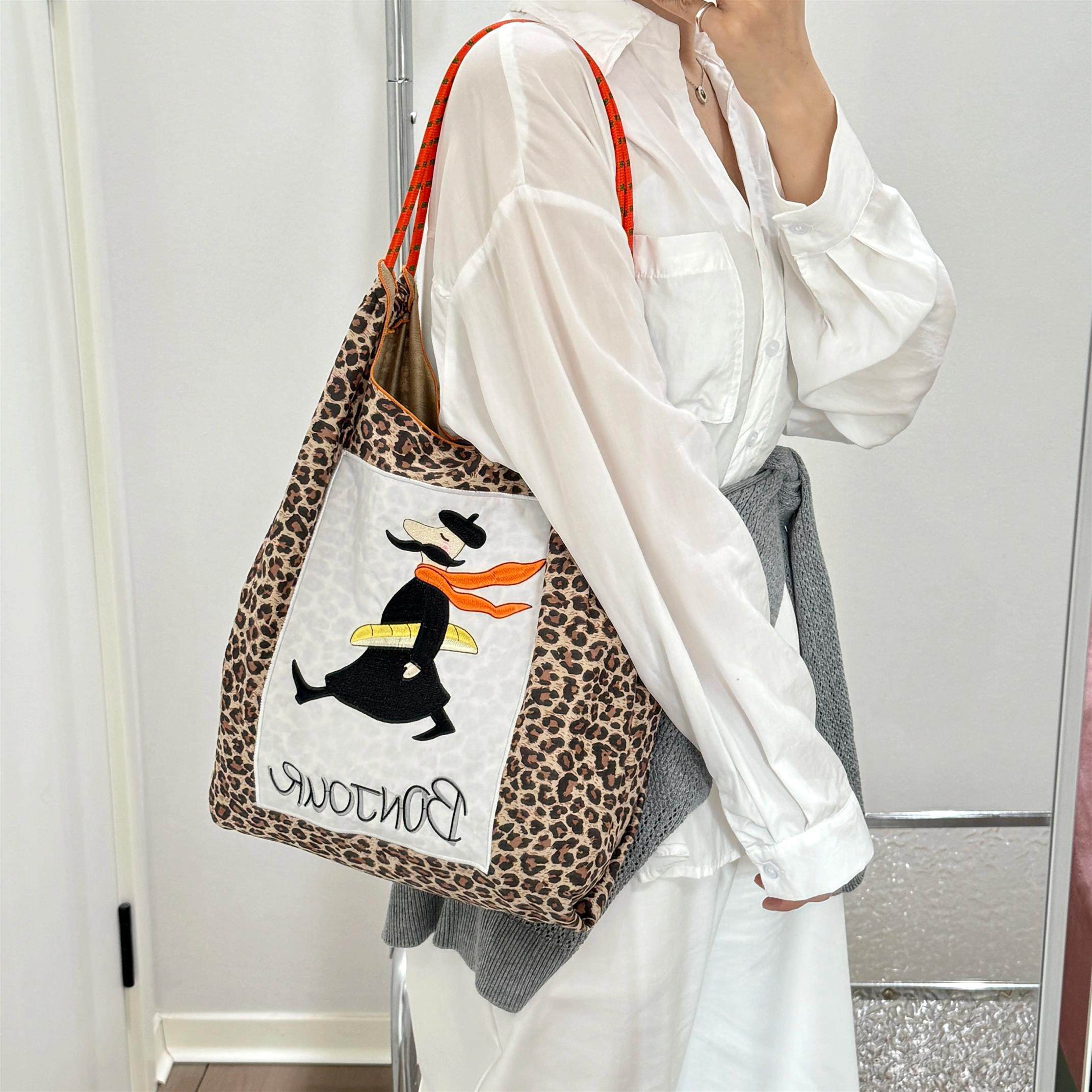 日系ball chain刺绣豹纹犹太人环保购物袋斜挎帆布包女单肩通勤包,淘宝优惠券,粉丝福利购,淘宝优惠卷