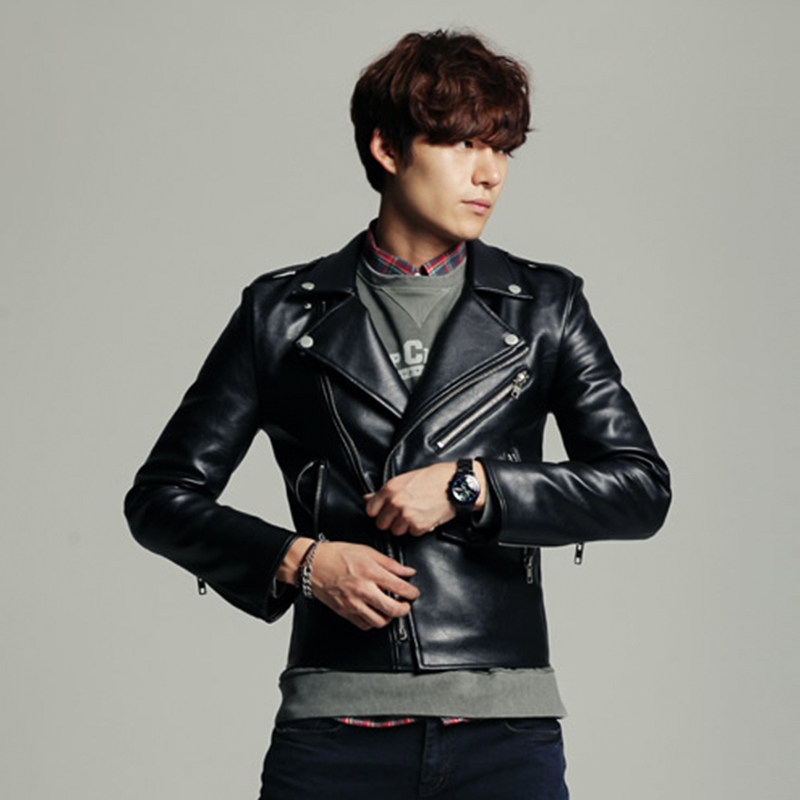 皮衣男修身潮流韩版帅气2024新款翻领青年拉链短款机车皮夹克外套,淘宝优惠券,粉丝福利购,淘宝优惠卷