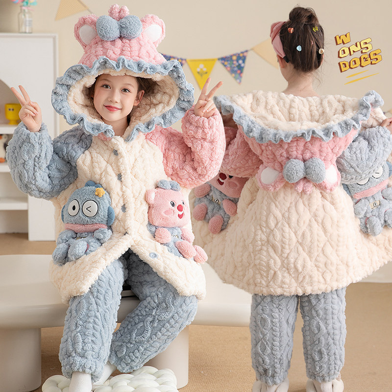 三层夹棉儿童睡衣女童保暖库洛米小女孩珊瑚法兰绒亲子家居服套装,淘宝优惠券,粉丝福利购,淘宝优惠卷