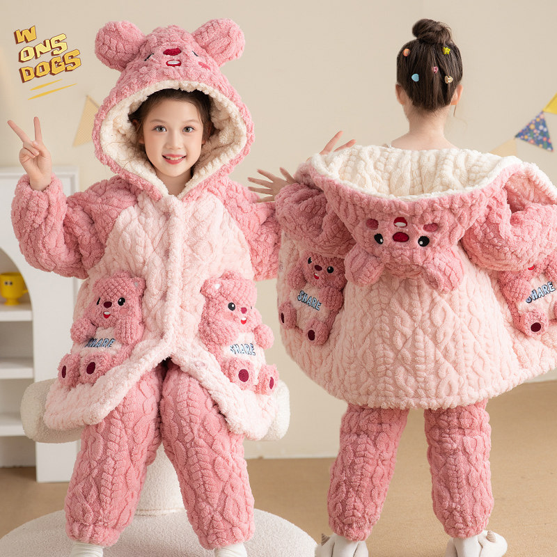 三层夹棉儿童睡衣女童保暖库洛米小女孩珊瑚法兰绒亲子家居服套装,淘宝优惠券,粉丝福利购,淘宝优惠卷