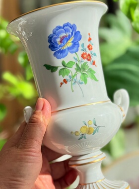 中古瓷器收藏德国Meissen梅森蓝毛茛(洋牡丹)手绘高足花瓶高20cm