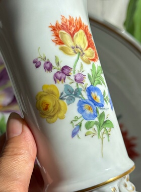 欧洲中古瓷器收藏德国meissen黄玫瑰多花花簇兽足直筒型花瓶1等