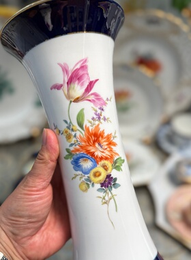 特价中古瓷器收藏德国Meissen钴蓝手绘多花花瓶 小蛮腰 桌面花瓶