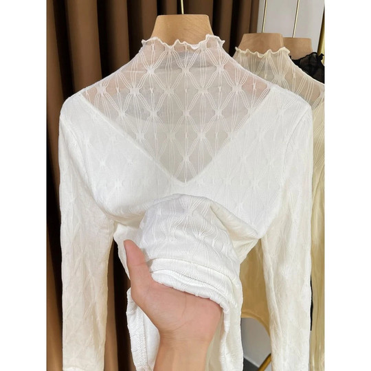 秋冬半高领蕾丝打底衫女加绒加厚2025新款高级感网纱叠穿内搭小衫