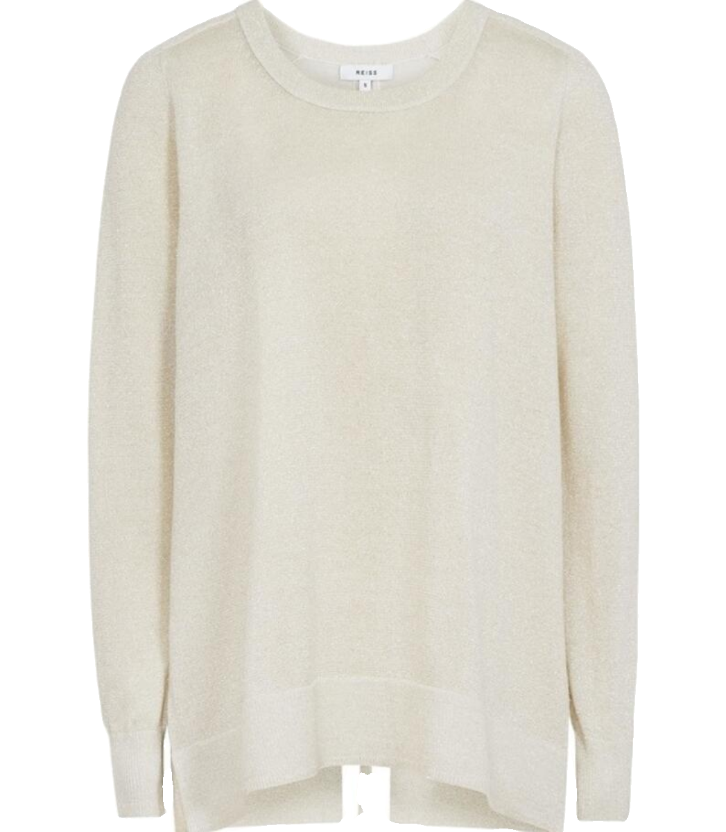 REISS长袖羊毛针织衫上衣燕麦色圆领后系带简约淑女清新通勤百搭 - 图3