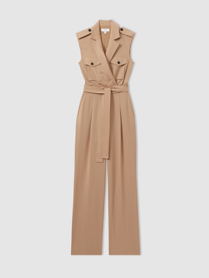 REISS连体裤连衣裤西服领直筒长裤系带石黄卡其色通勤干练百搭 - 图3