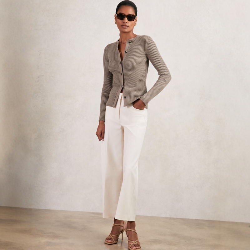 REISS石棕色长袖针织衫开衫短款弹力修身坑条纹圆领日常通勤干练 - 图0