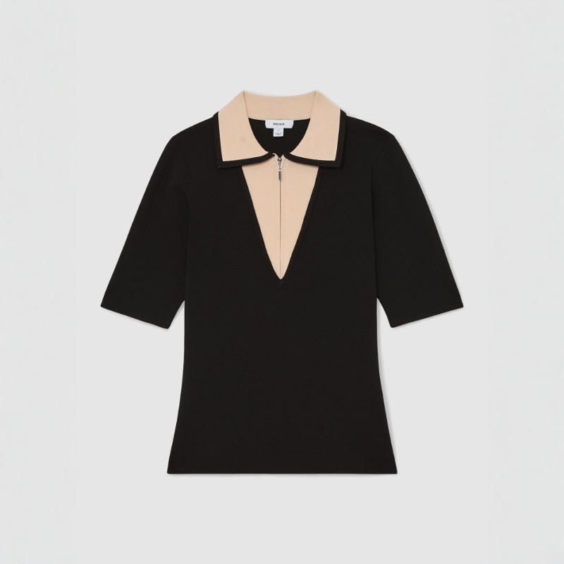 REISS黑色拼色短袖POLO衫针织衫拉链领短款修身简约日常通勤OL风 - 图3