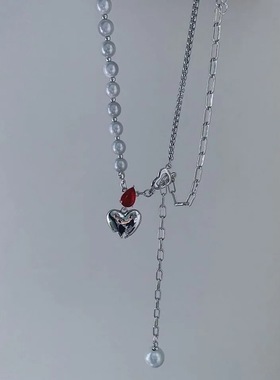 欧美反光珍珠锁骨链女镶钻爱心拼接夜光项链小众设计链条个性颈链