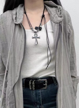 韩国小众设计ins安卡皮绳十字架拼接项链复古锁骨链男女情侣配饰