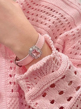 小红书自制ins黑甜皮质链条水钻粉色手环手链yk2辣妹