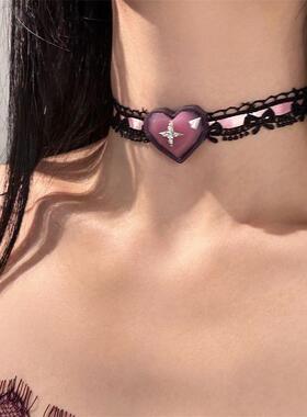 「甜酷小紫」y2k辣妹风紫色缎带蕾丝爱心蝴蝶结choker项圈颈链女
