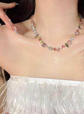 糖果彩色水晶锆石项链女满天星爆款高级设计轻奢小众感森系串珠子
