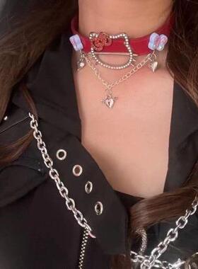 choker亚文化轻奢小众 亚b金属Kitty爱心蝴蝶pu皮质项链颈链
