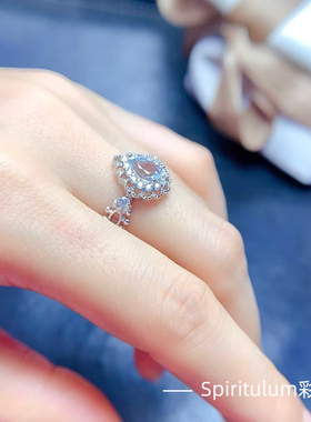 天然海蓝宝戒指主石尺寸5×7mm925纯银镀金支持检测