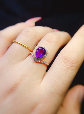 天然巴西紫水晶戒指925纯银镀金主石尺寸7*9mm