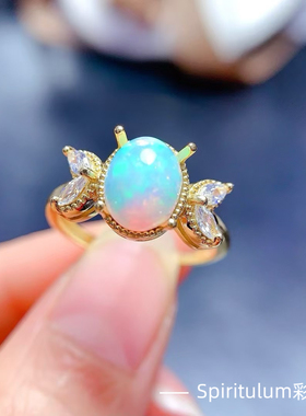 天然白欧泊戒指主石尺寸7×9mm925纯银镀金支持检测