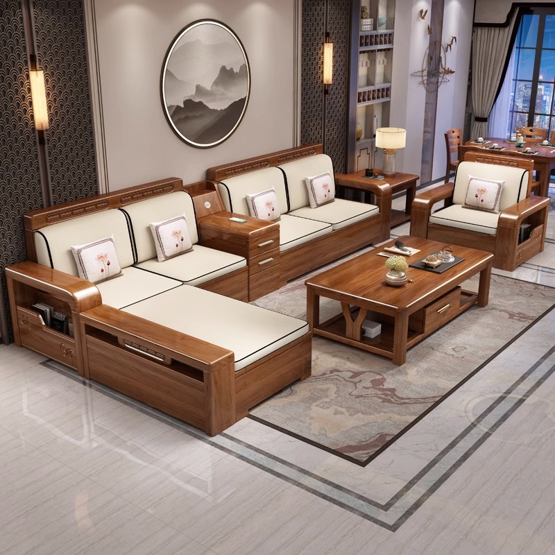 新中式胡桃木沙发组合冬夏两用高端简约大小户型客厅储物实木沙发 - 图2