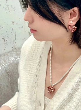 奥米迪奥红珐琅蝴蝶爱心珍珠项链