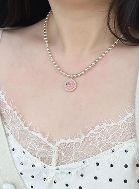 奥米迪奥字母CD纽扣小米珠项链女粉蓝水晶高级感百搭锁骨链颈链潮