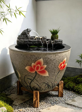 流水摆件庭院大缸景观水缸古法鱼缸造景全套新中式金蟾流水