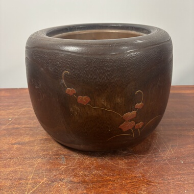 日本桐木铜胆金时绘嵌螺钿火钵，外径27厘米高19.5，木内径18.5