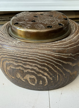 日本老桐木铜胆暖手炉，外径30厘米，铜胆内径18.5高14.盖重823克
