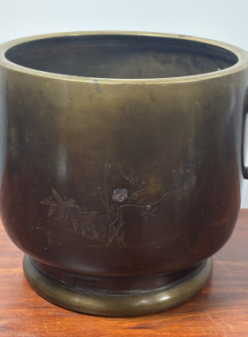 日本嵌银花鸟图老铜火钵，重3.4千克，外径25.5厘米，高24厘米