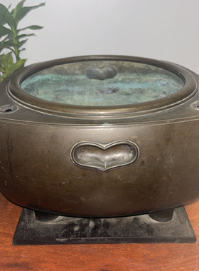 日本厚重老铜火钵，重11.2公斤，长宽37厘米，内径26.5厘米高23.5