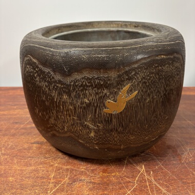 日本桐木铜胆金时绘嵌螺钿火钵，外径30厘米高20厘米，锅内径19