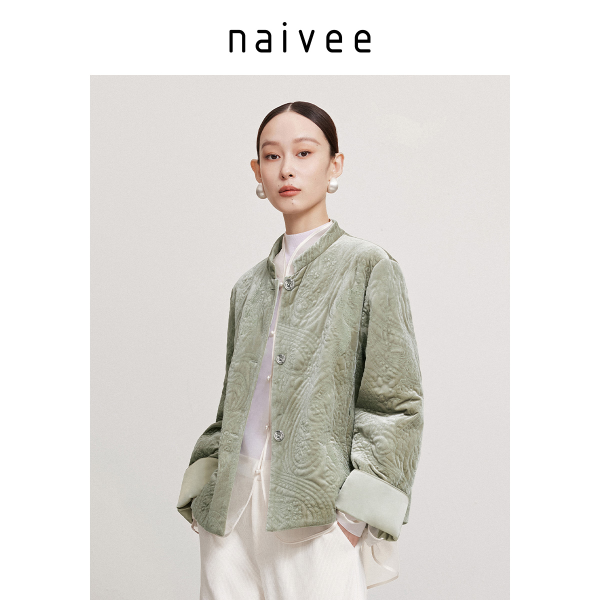 商场同款naivee纳薇25春新款新中式休闲刺绣棉服新年丝绒短外套女