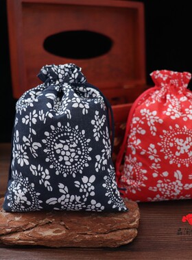 香囊空袋青花蓝印花布布袋小青花布袋 抽口袋拉绳束口饰品零钱袋