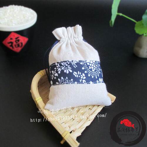 亚麻束口袋青花纹饰收纳袋礼品包装抽绳小布包古典风首饰佛珠袋 - 图0