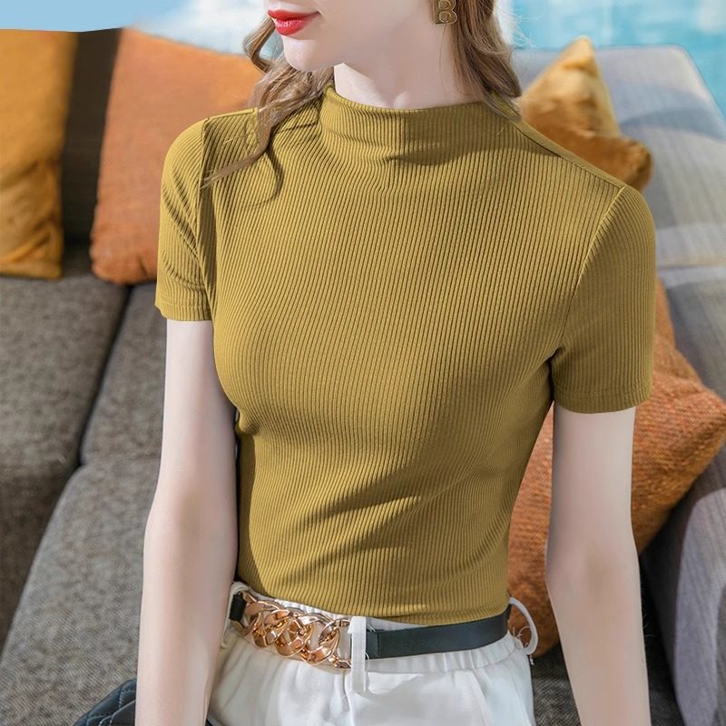 白色莫代尔短袖T恤女2025夏季新款冰丝半高领修身显瘦打底衫上衣,淘宝优惠券,粉丝福利购,淘宝优惠卷